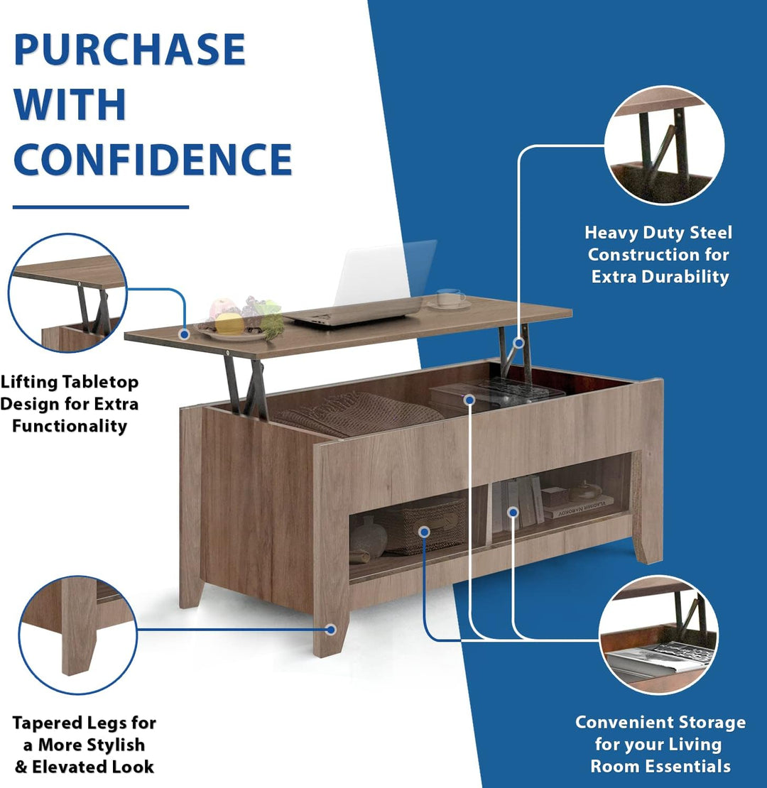 Modern Lift Top Coffee Table with Hidden Compartment, Light Gray