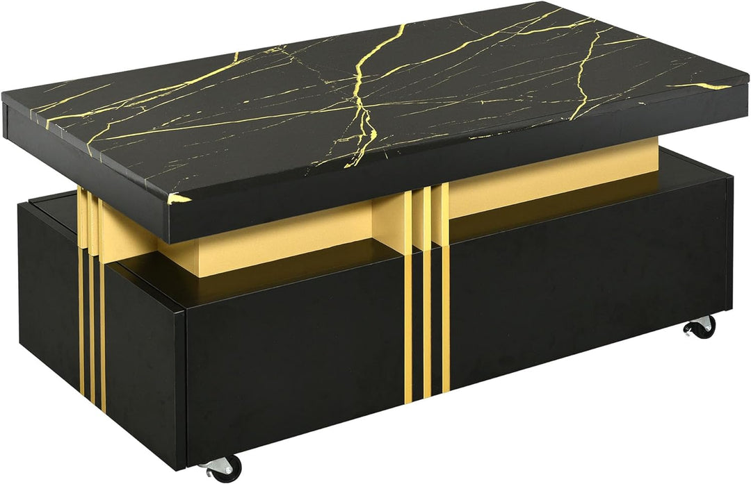 Faux Marble Coffee Table with Drawers, Contemporary Cocktail Table, Black