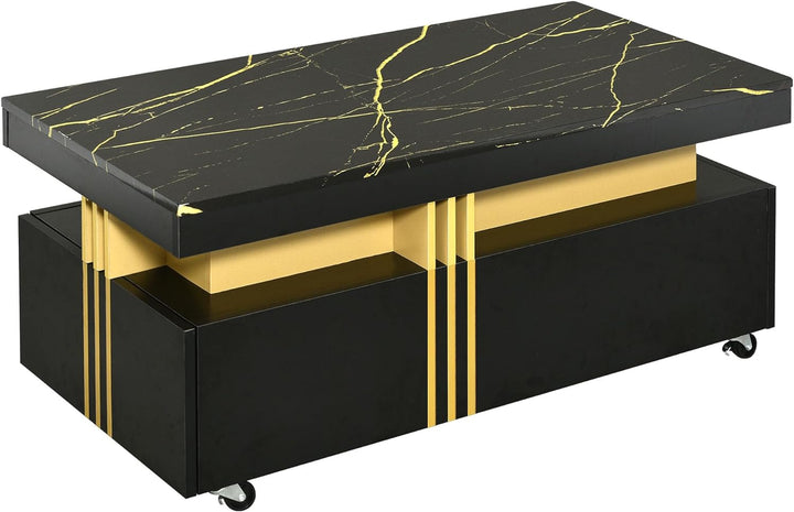 Faux Marble Coffee Table with Drawers, Contemporary Cocktail Table, Black