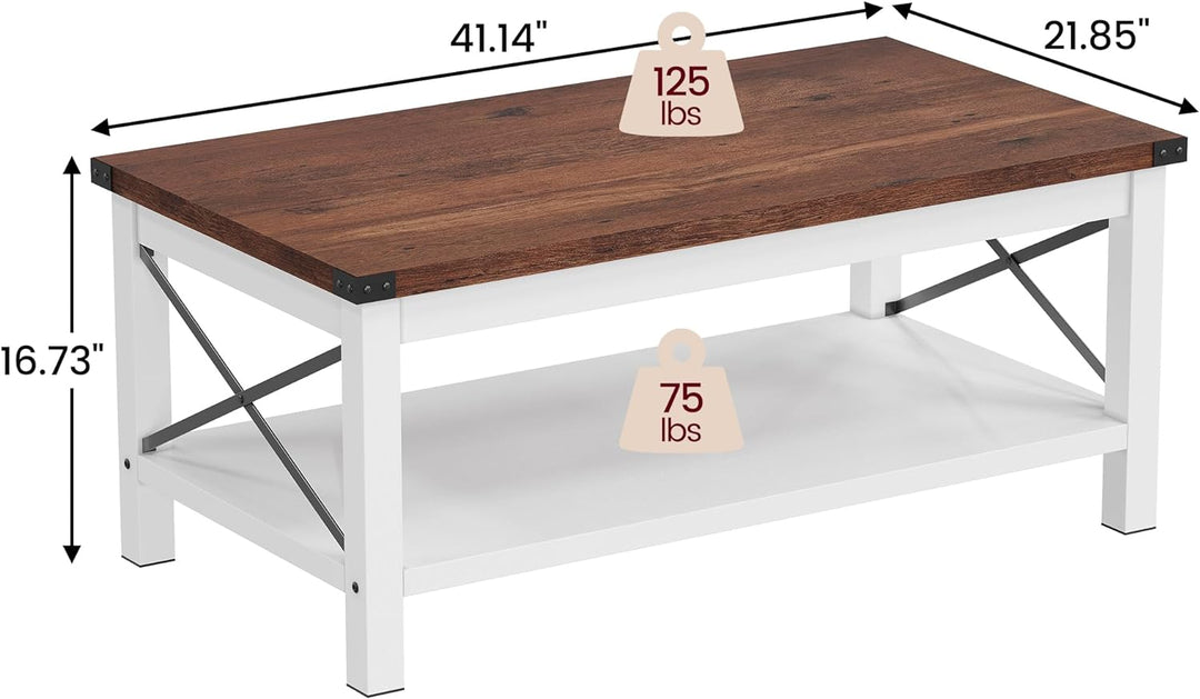 Rustic Farmhouse Coffee Table, 2-Tier Rectangular Center Table, White/Brown