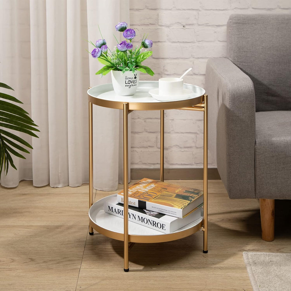 2-Tier Round Metal End Table, Gold&White