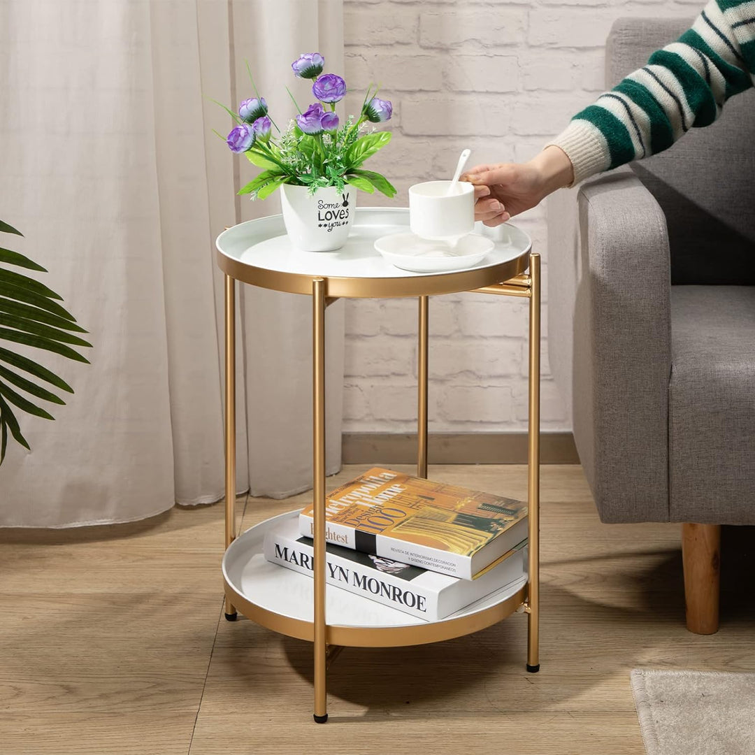 2-Tier Round Metal End Table, Gold&White