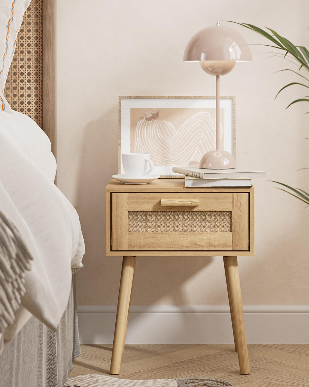 Wooden Nightstands with Rattan Weaving Drawer