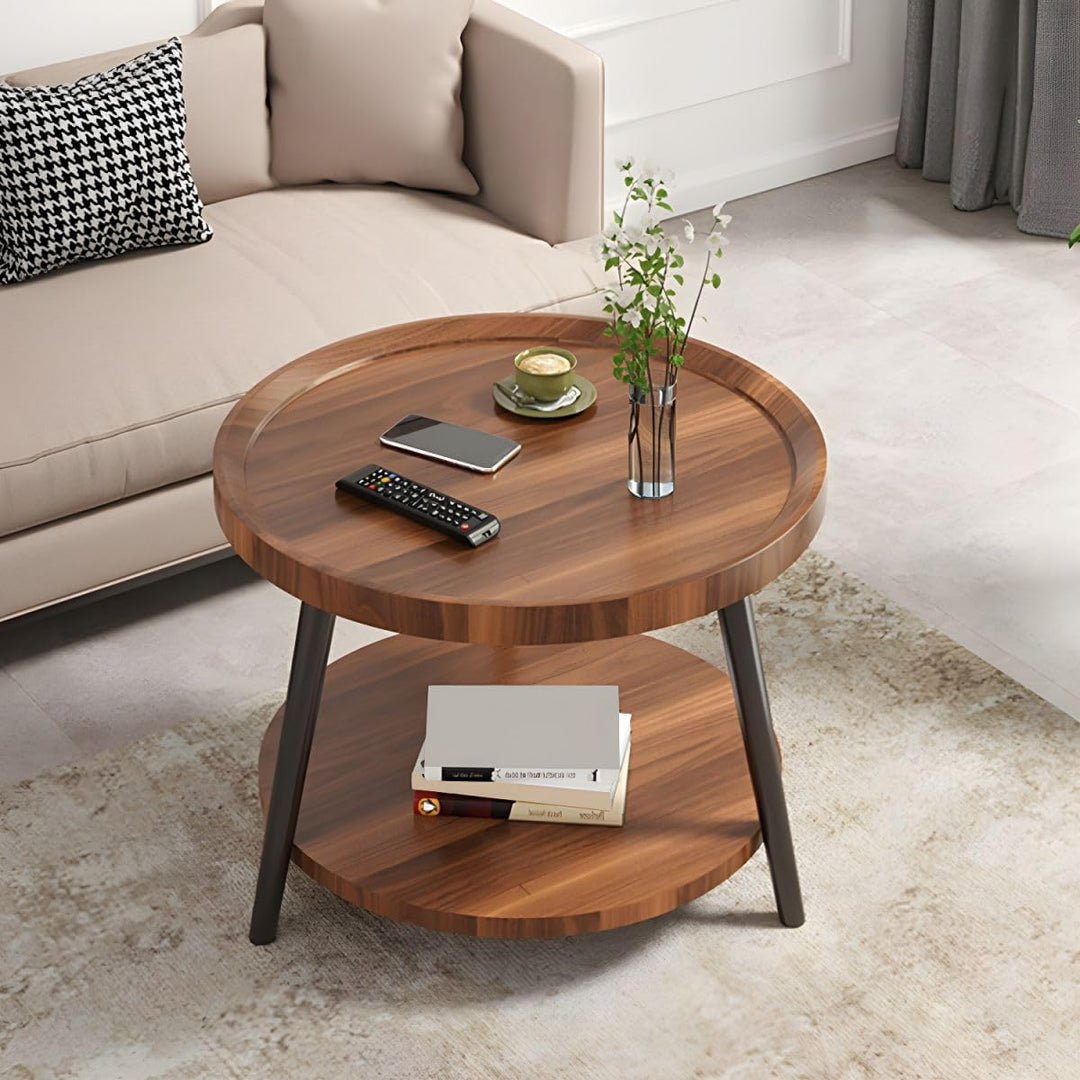 Round Coffee Table, Living Room Table with 2-Tier Storage, Walnut