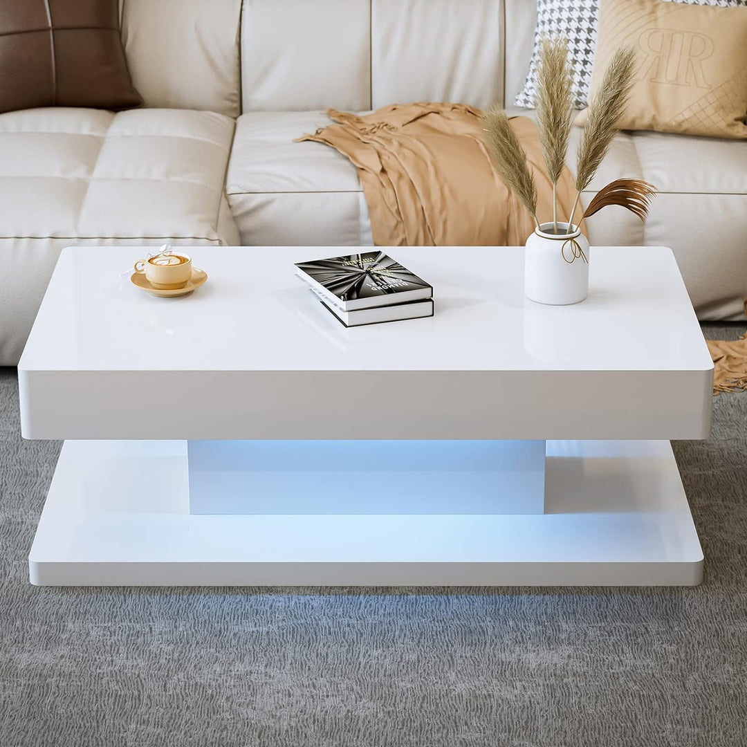 IKIFLY Modern LED Coffee Table, White High Glossy Rectangle