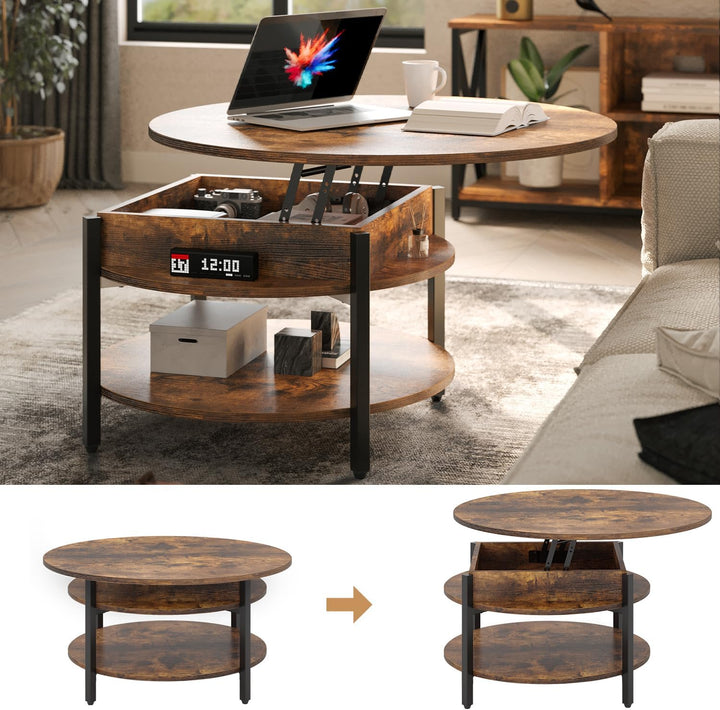 Rustic Brown Round Lift Top Coffee Table with Hidden Storage