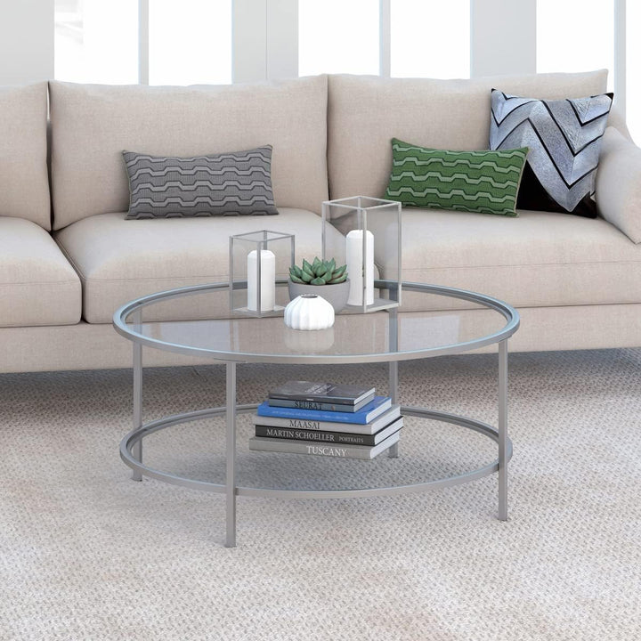 Henn&Hart Modern Round Coffee Table with Glass Top, Nickel