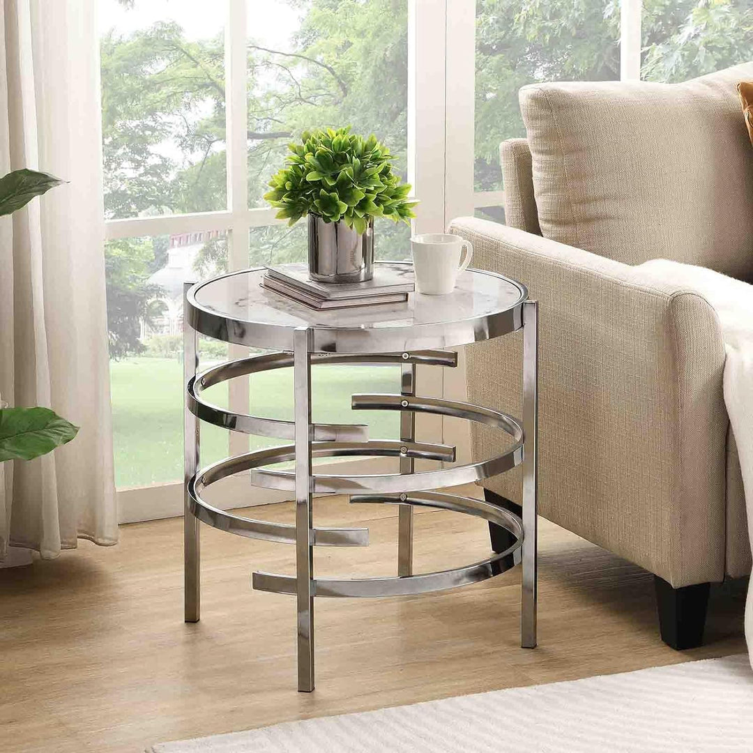 Modern Round Accent Table with Sintered Stone Top, Silver5