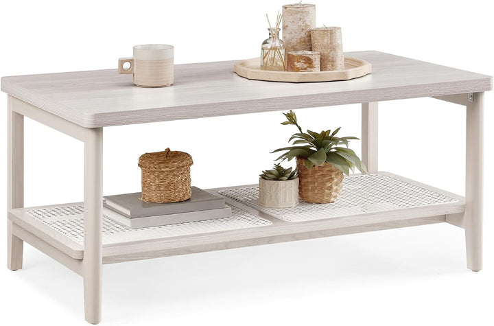 Stylish 2-Tier Coffee Table, Rectangular Center Table, Oatmeal Beige