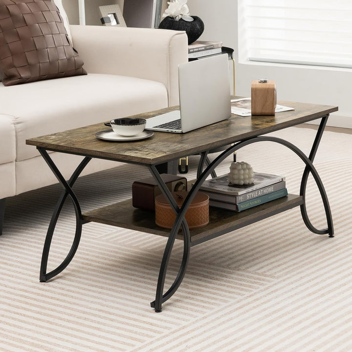 COSTWAY Industrial Wood Accent Table, 2-Tier Coffee Table, Rustic Brown