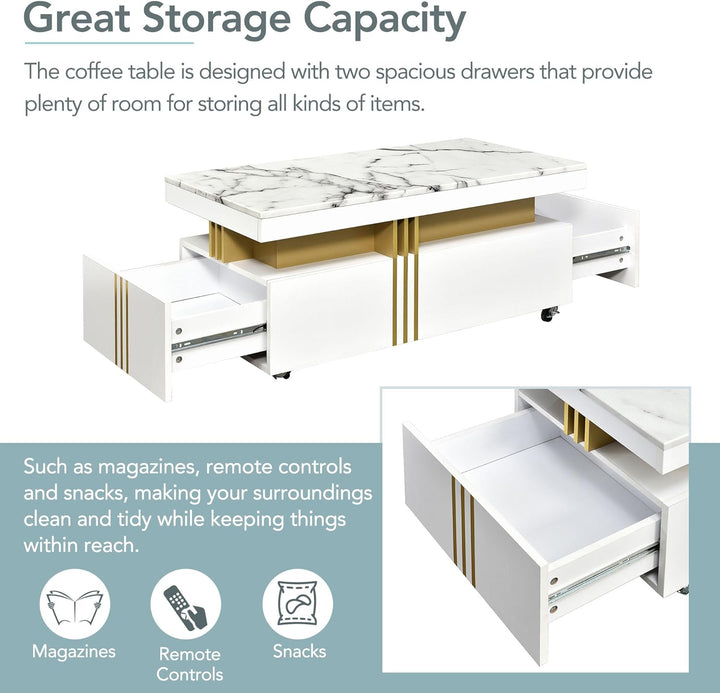 Faux Marble Coffee Table, Modern Luxury Cocktail Table, White