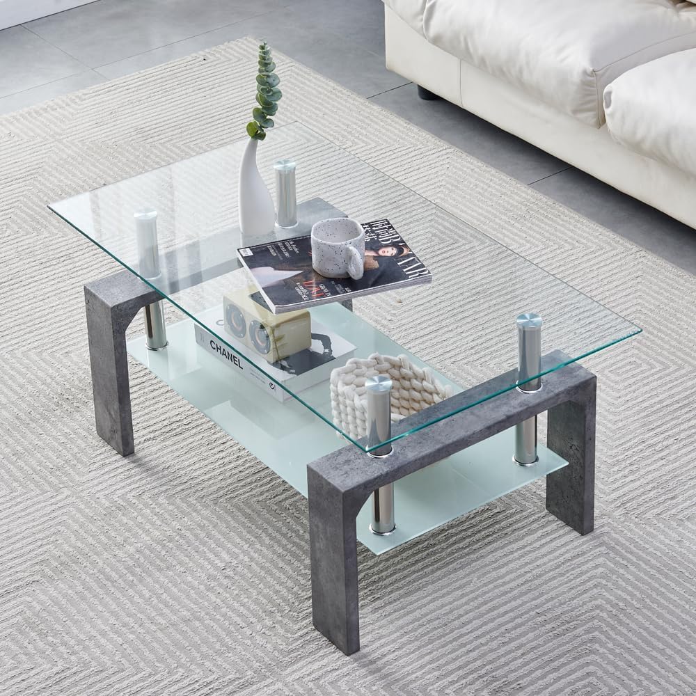 Elegant Rectangle Coffee Table, Wooden Legs, Glass Tabletop, Grey Marble