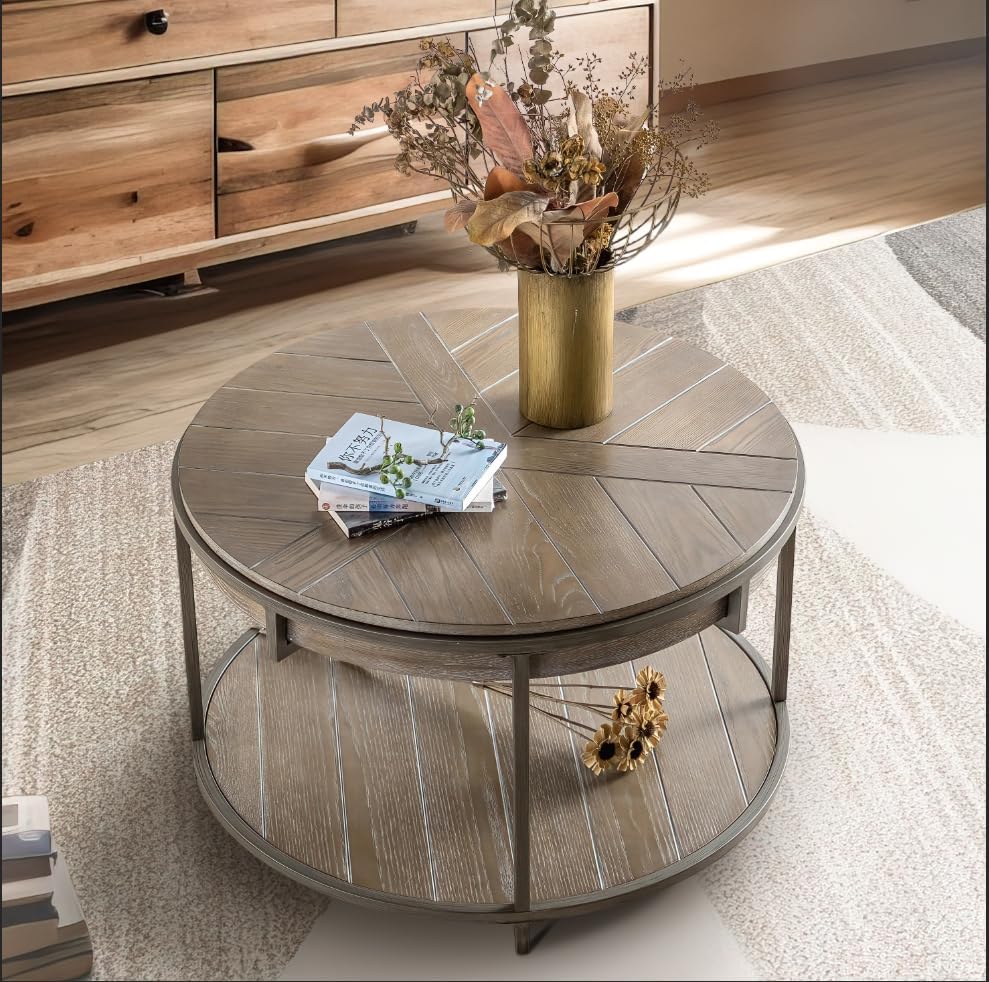 Rustic Round Wood Coffee Table, 2-Tier Farmhouse Circle Design