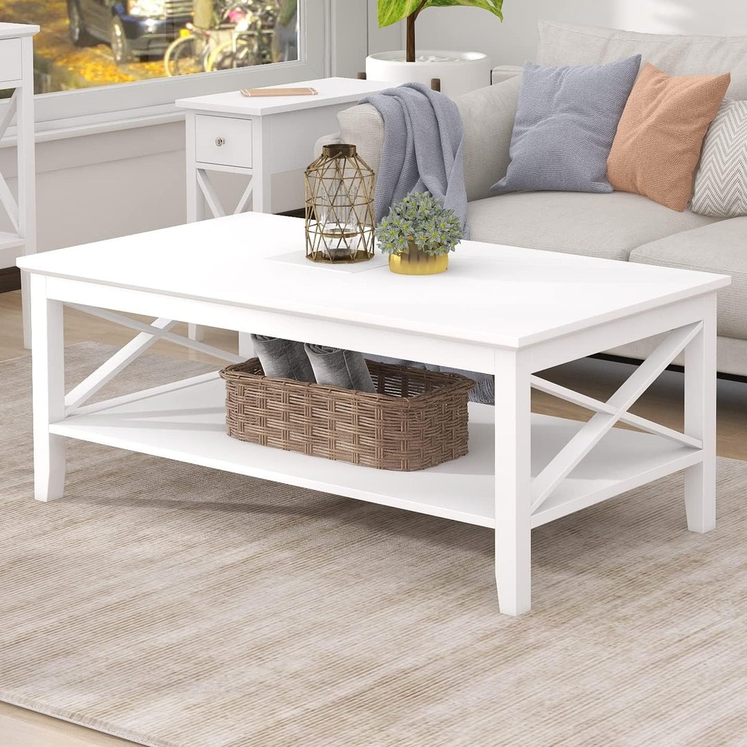 Rectangular Modern Coffee Table with Storage Shelf, Classic X Design (White)