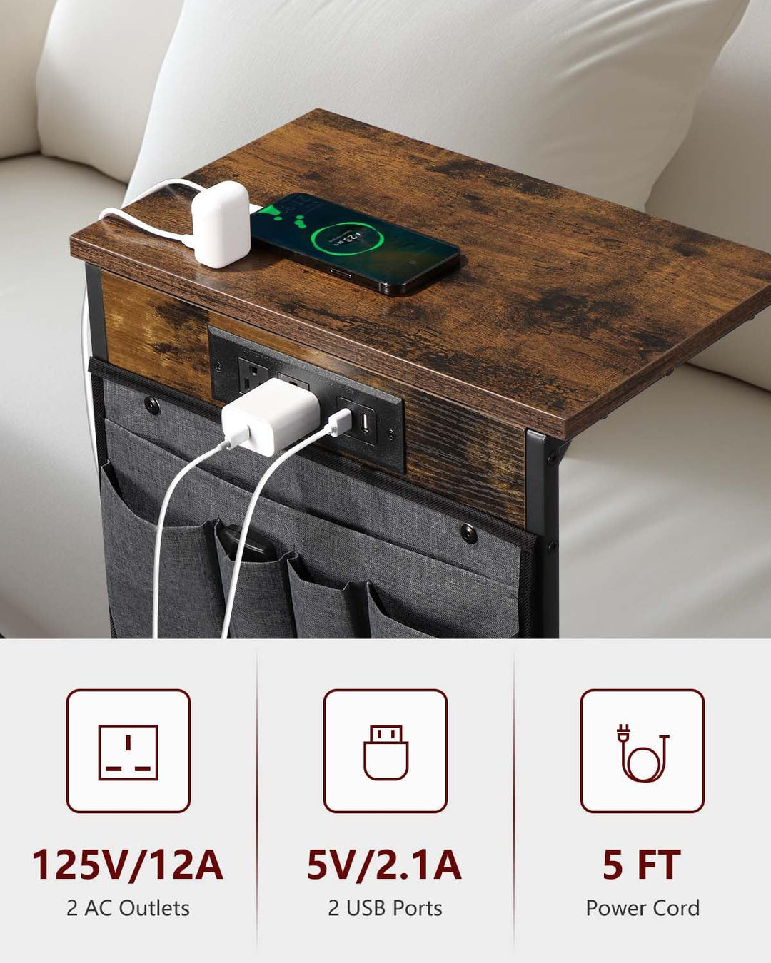 C Shaped End Table w/ Charging Station, Storage Bag