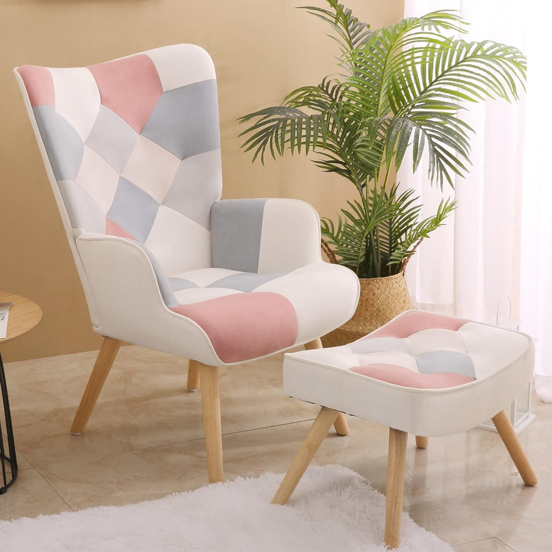 Patchwork Accent Chair with Ottoman Set Pink