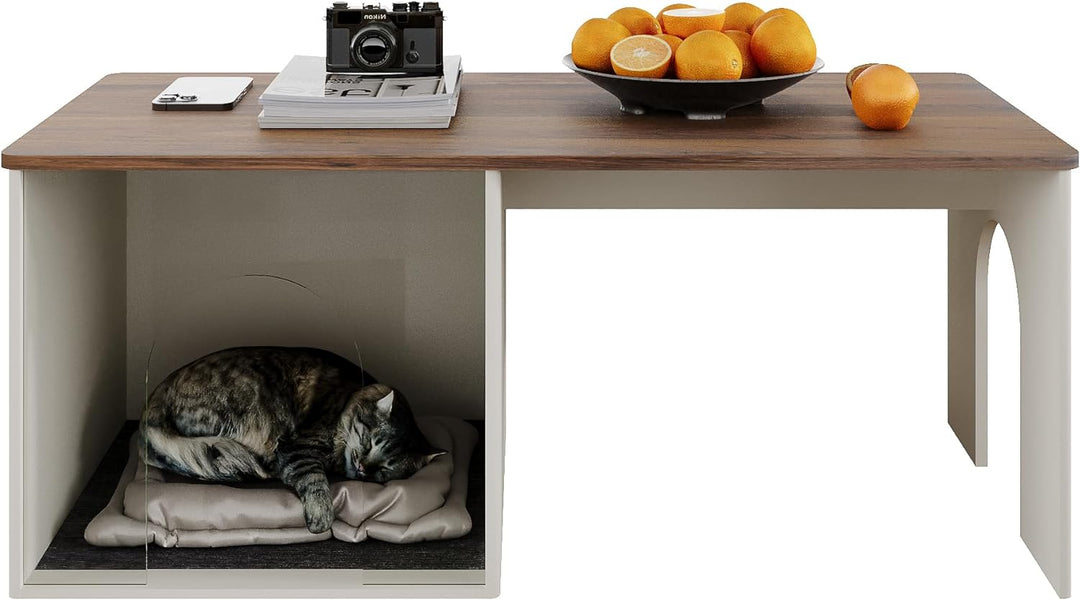 Farmhouse Coffee Table with Cat House, Wooden Modern Accent, White & Brown