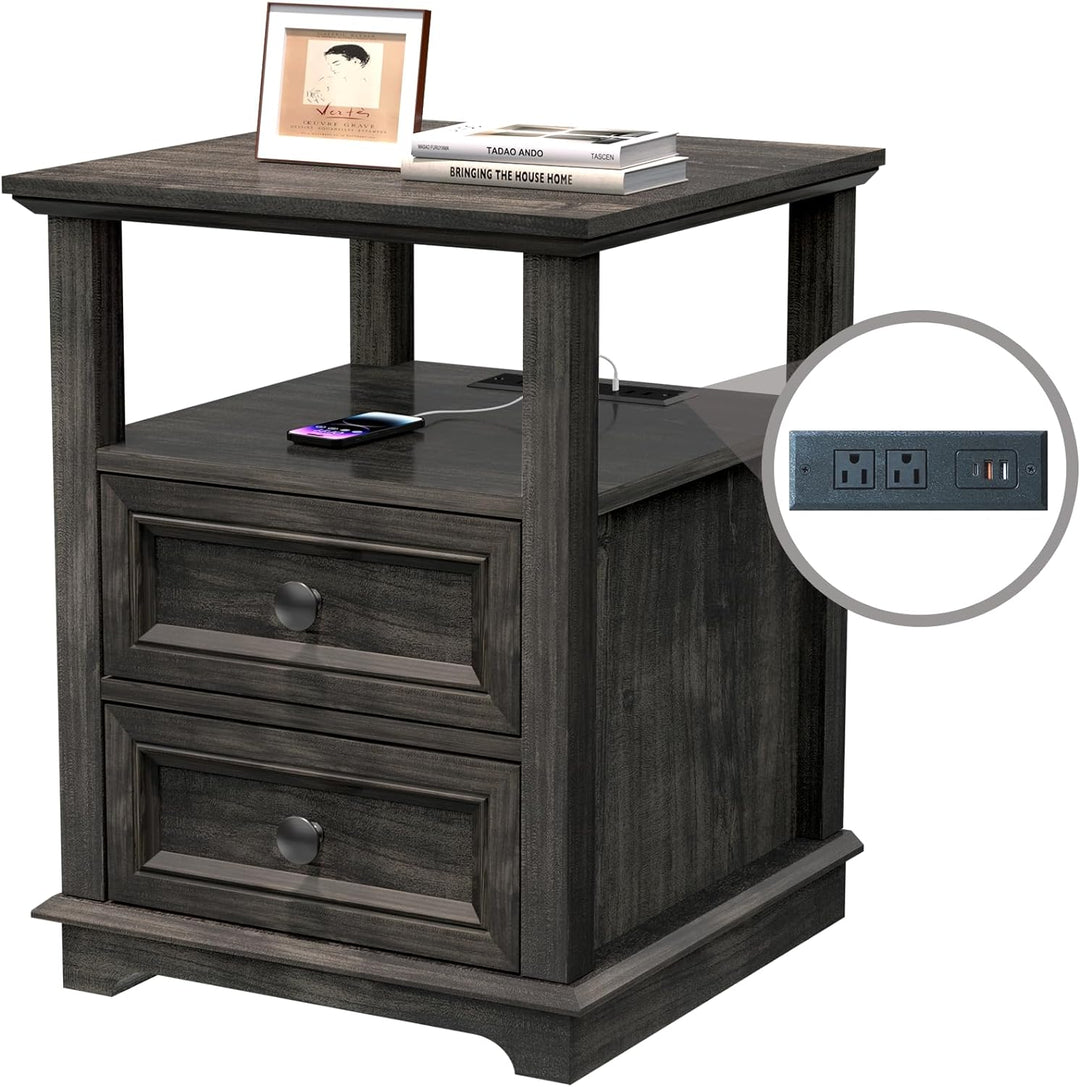 End Table w/ USB C Charging,24" Sofa Side Table,2 Drawers