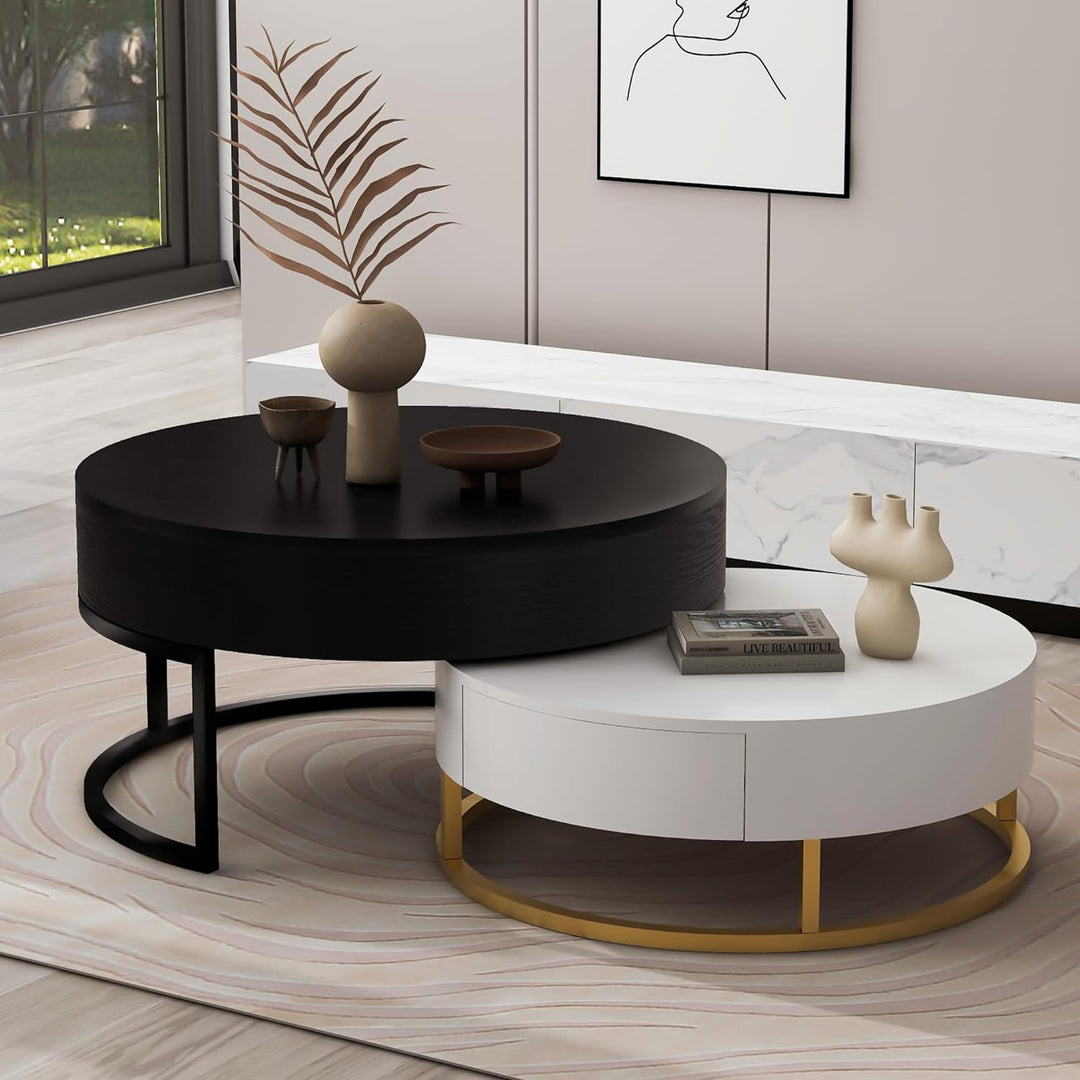 LUMISOL Lift Top Coffee Table Set, Nesting Round Tables, Hidden Storage, Whiteblack