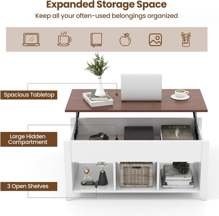 Lift Top Coffee Table with Hidden Compartment, 3 Shelves, White