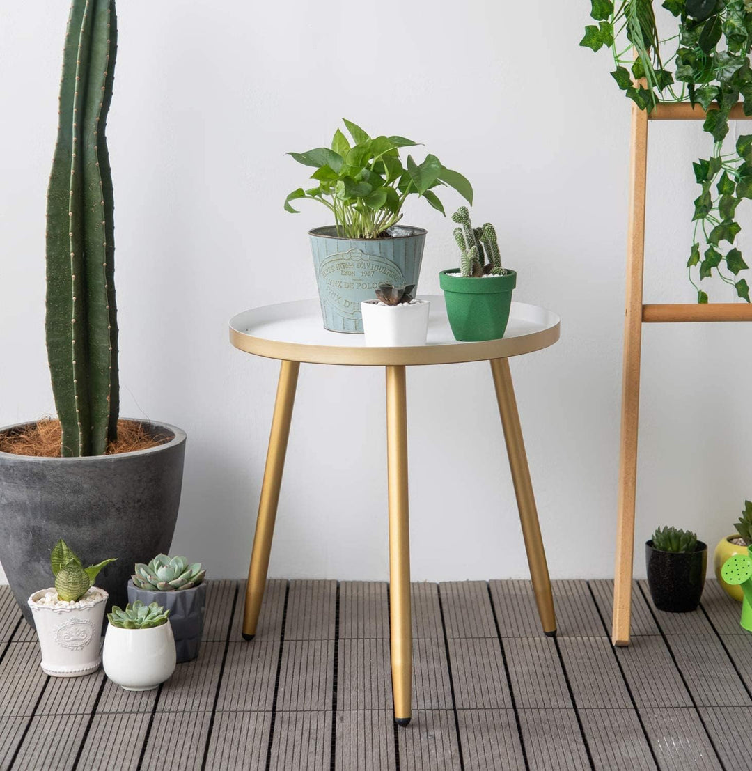 Small Round Side Table, White, 3 Gold Legs