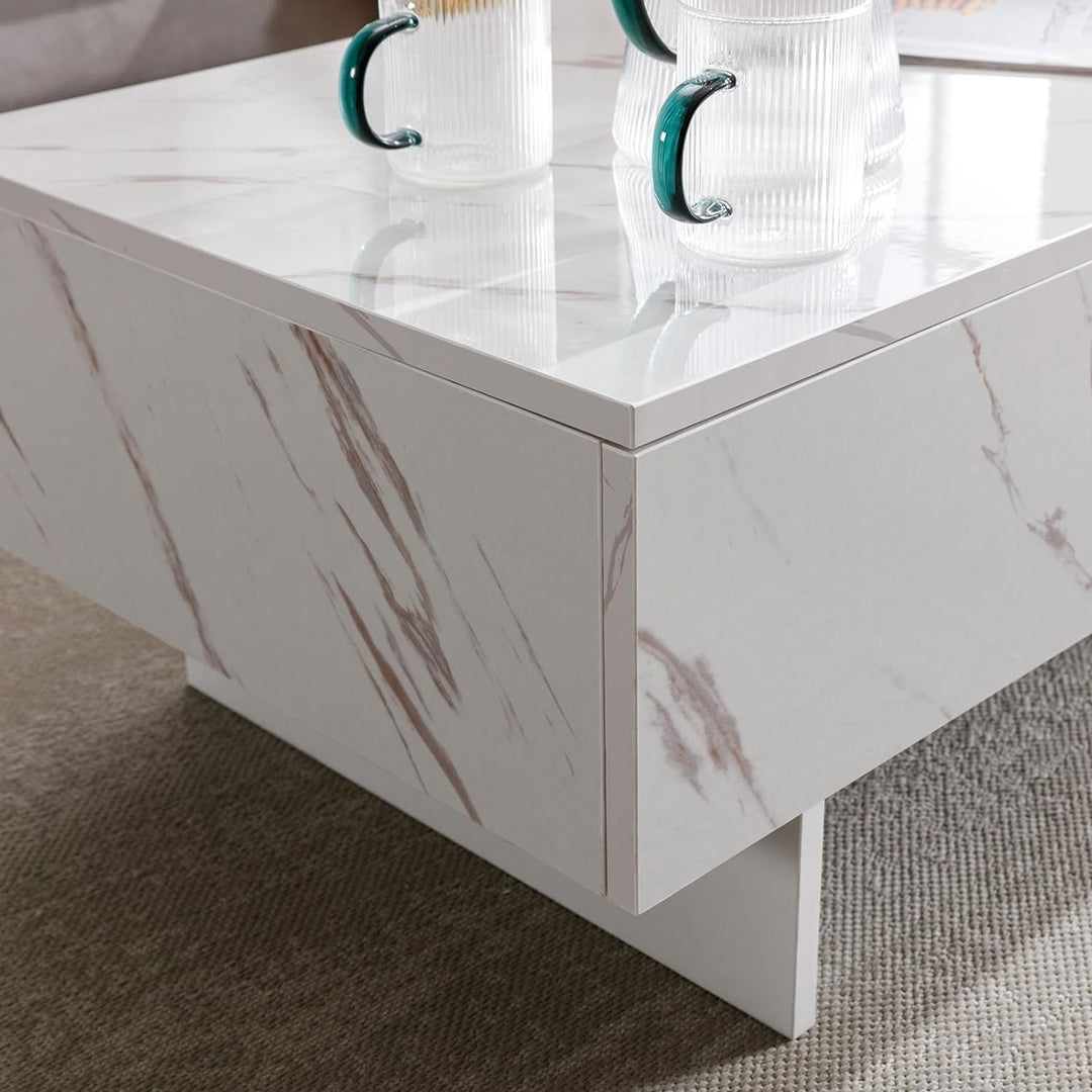 Marble White Cool Coffee Table, Rectangular Glossy Smart Contemporary Center Table, White