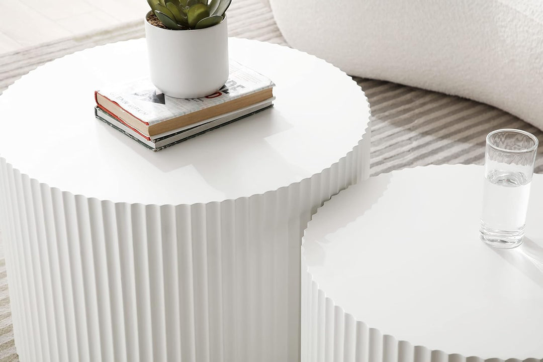 Set of 2 White Round Coffee Tables, Modern Nesting Coffee Table, Round-white-1