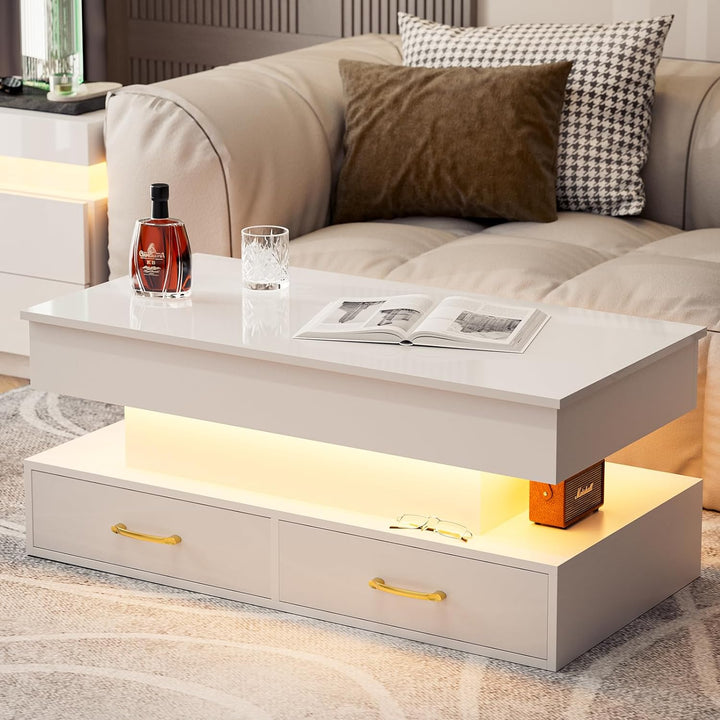 Lift Top Coffee Table with LED Lights, 2 Drawers, Hidden Compartment, White