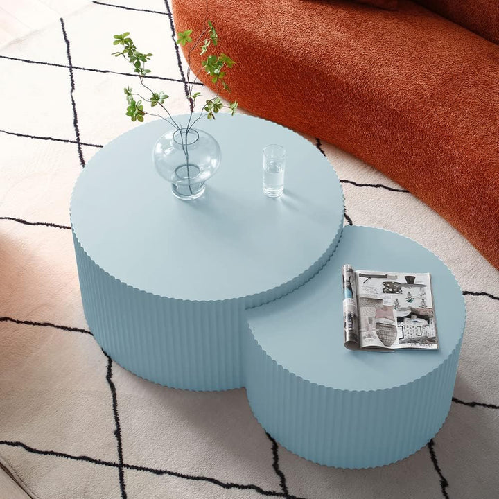 Modern Nesting Coffee Table Set, Wood Circle Drum Side Tables, Blue