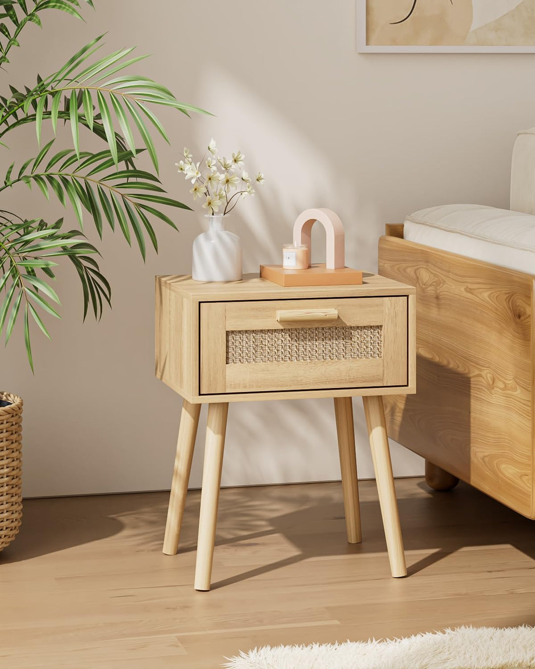 Wooden Nightstands with Rattan Weaving Drawer