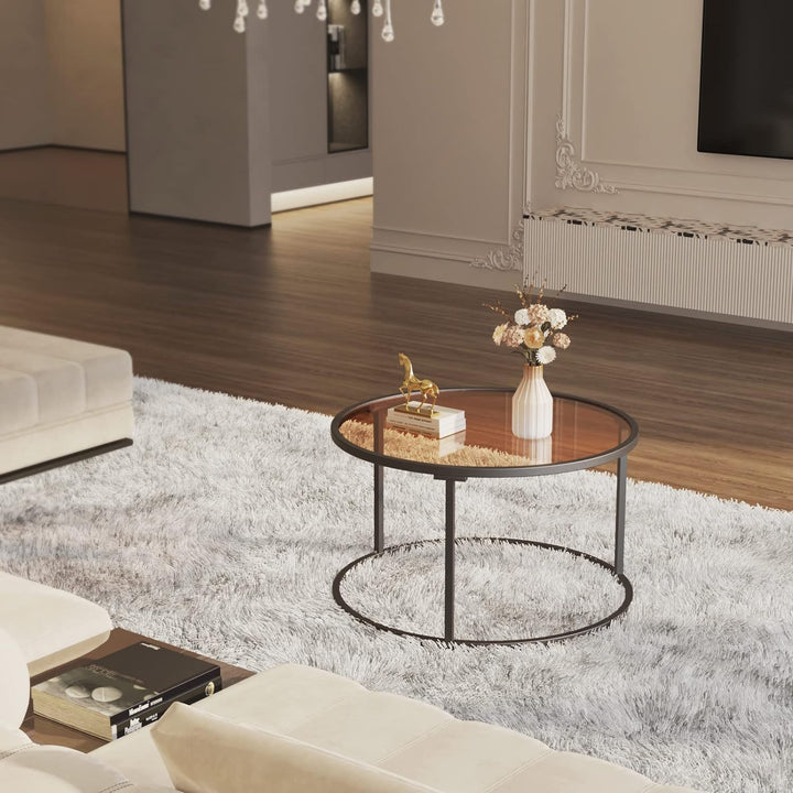 Glass Coffee Table Round Modern for Living Room, Brown Black