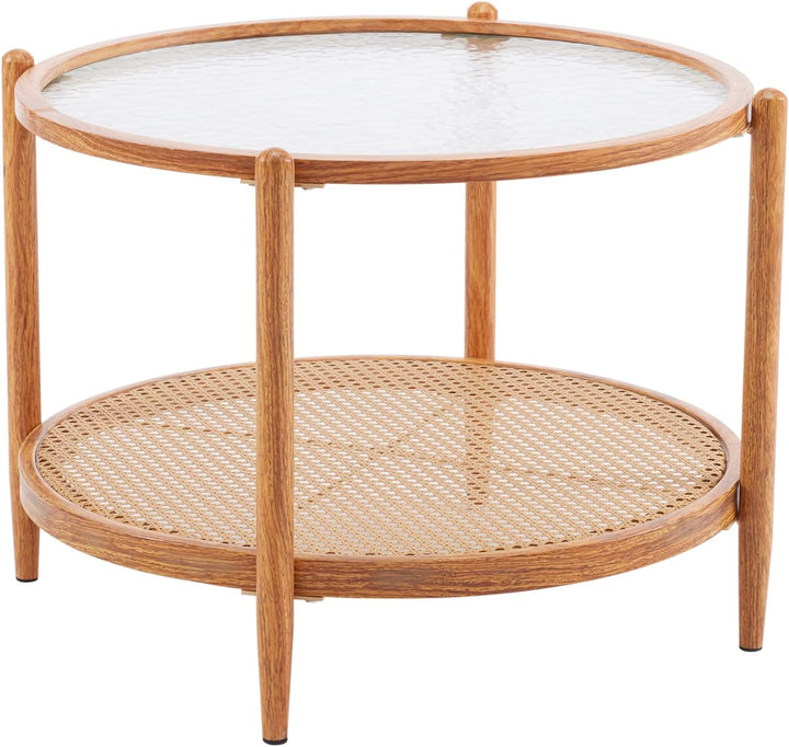 Rattan Coffee Table, Round Water-Wave Glass Metal, Waterwave-round Rattan Walnut