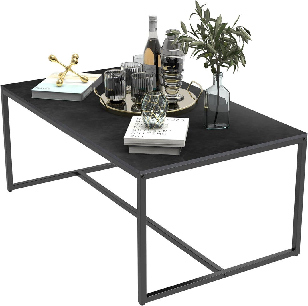 Sintered Stone Coffee Table with Black Metal Frame, Black