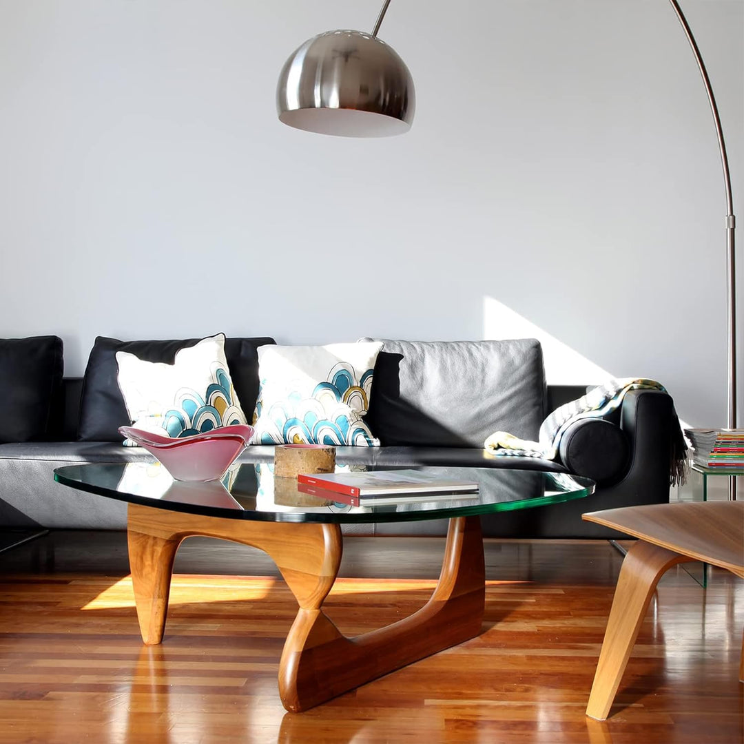 Mid-Century Modern Coffee Table, Triangle Glass Top, Walnut/Grey