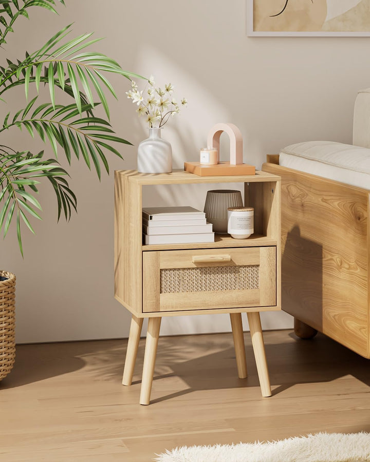 Rattan Nightstand, End Table with Storage for Bedroom