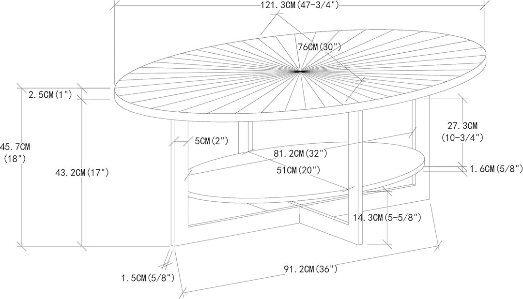 Rustic Mid-Century Wooden Coffee Table, 2-Tier Farmhouse Circle, Ct-oval,metal Leg