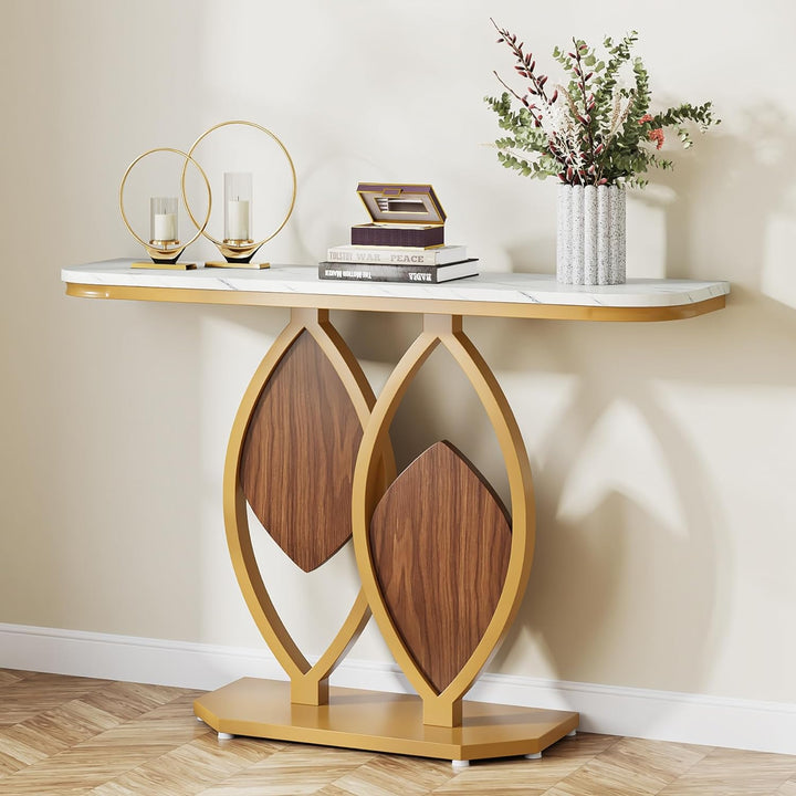 Gold Console Table, 41" Modern Entry Table with White Faux Marble Top