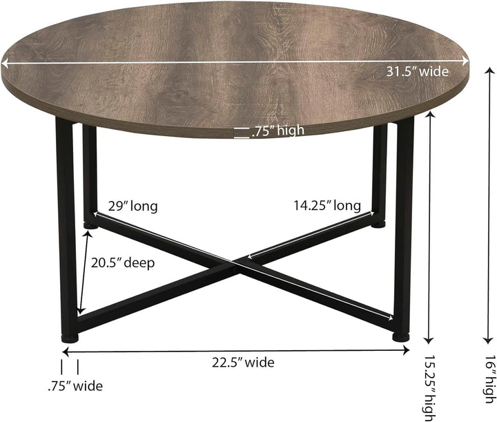 Jamestown Round Coffee Table, Rustic Wood Grain and Black Metal