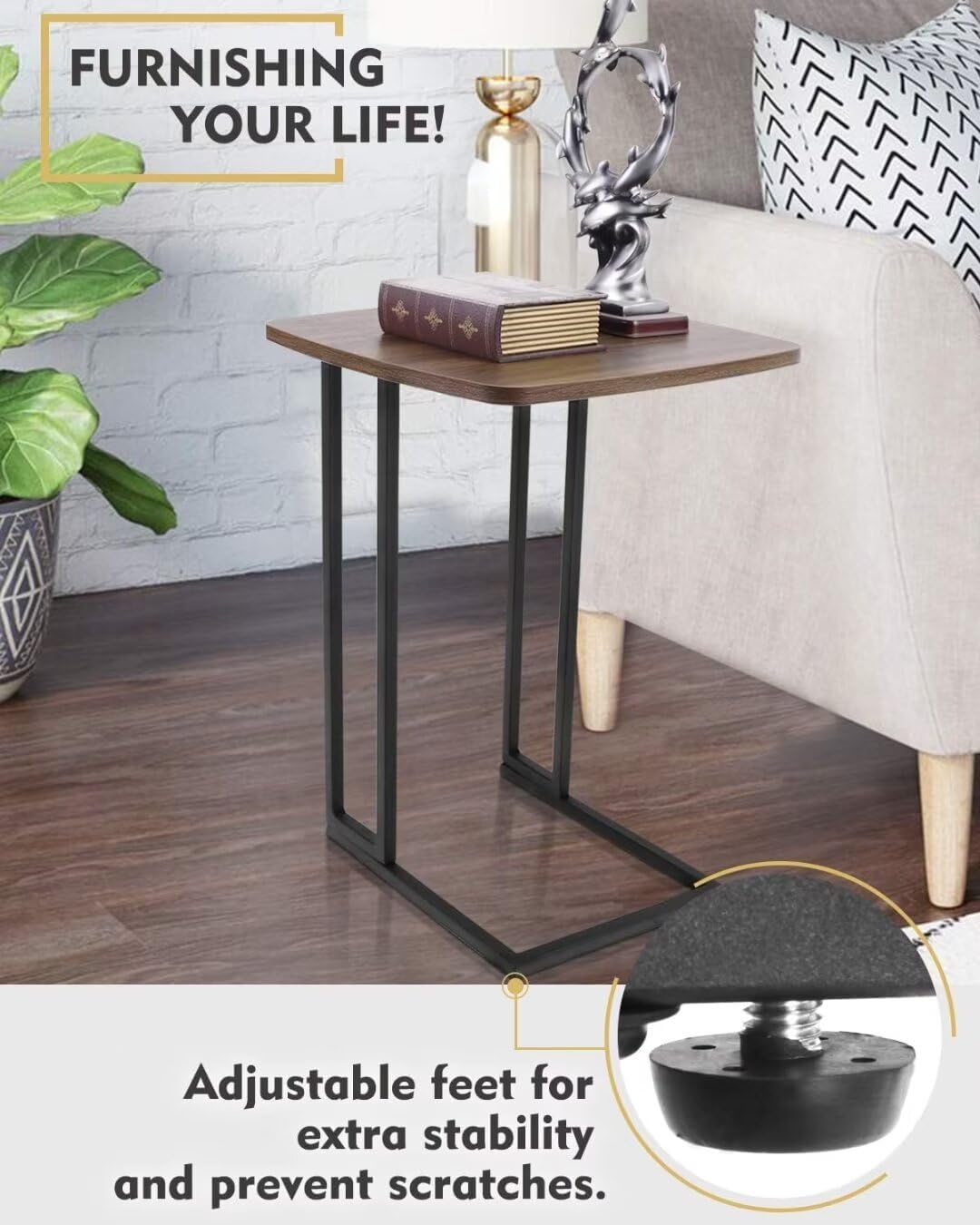 C Shaped Side Table w/ Detachable Wheels, Wooden