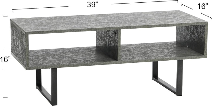 Rustic TV Stand Coffee Table with Storage, Slate Concrete, Black Metal