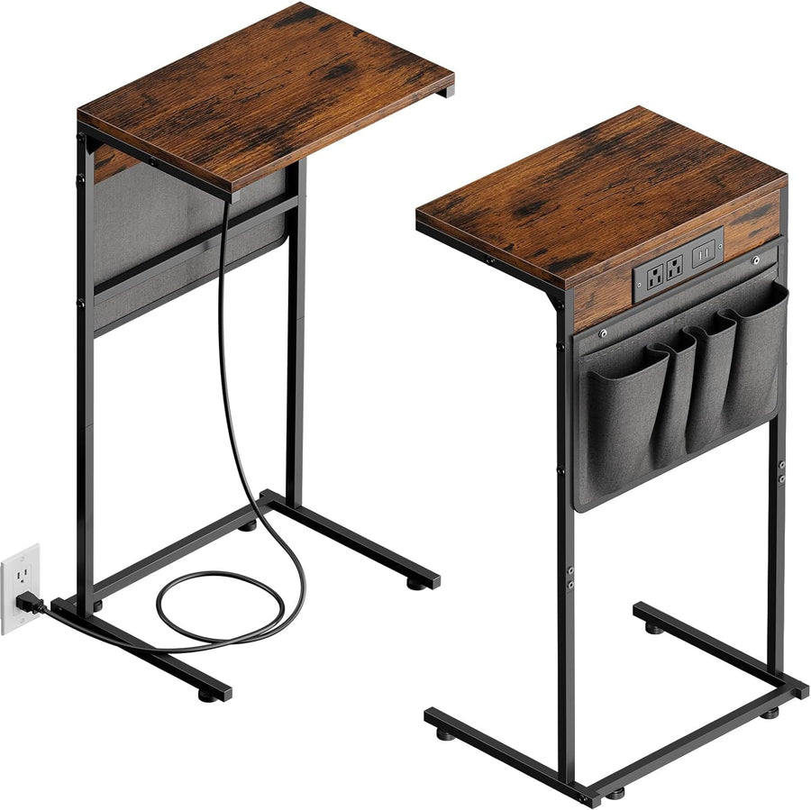 C Shaped End Table Set of 2 w/ Charging Station, Storage