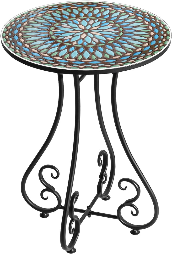 16" Round End Table, Metal Scrollwork Accent Side Table, Classic Brown