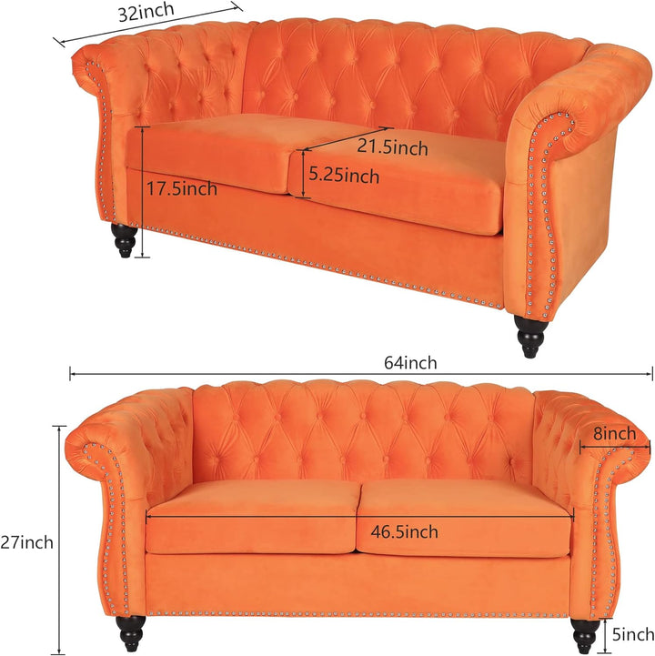 Chesterfield Loveseat, Modern Velvet Sofa Tufted Couch (Orange)