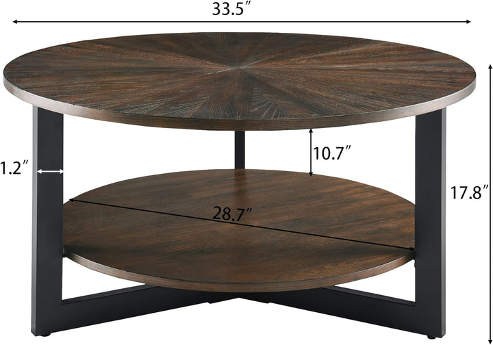 Farmhouse Round Coffee Table with Storage Shelf, Natural Brown