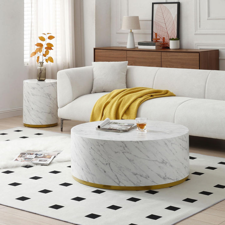 Round Coffee Table, Modern Wood Faux Marble, Drum Nesting, Marble White