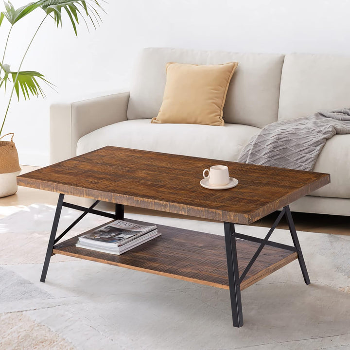 Rustic Cocktail Table with Metal Legs, Brown