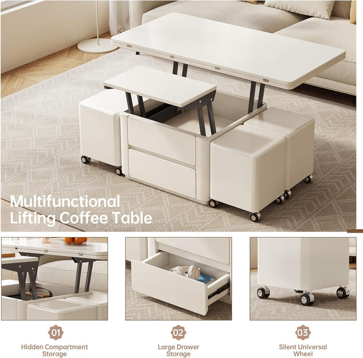 47.24" L Lift Top Coffee Table with 4 Stools, Hidden Storage, White