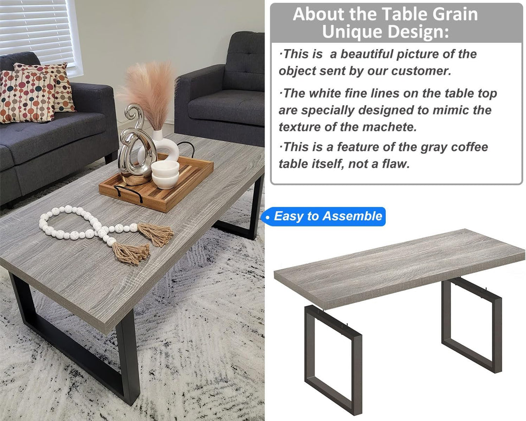 IBF Grey Coffee Table, Wood Metal Coffee Table, Farmhouse Rustic Table, Light Grey Oak