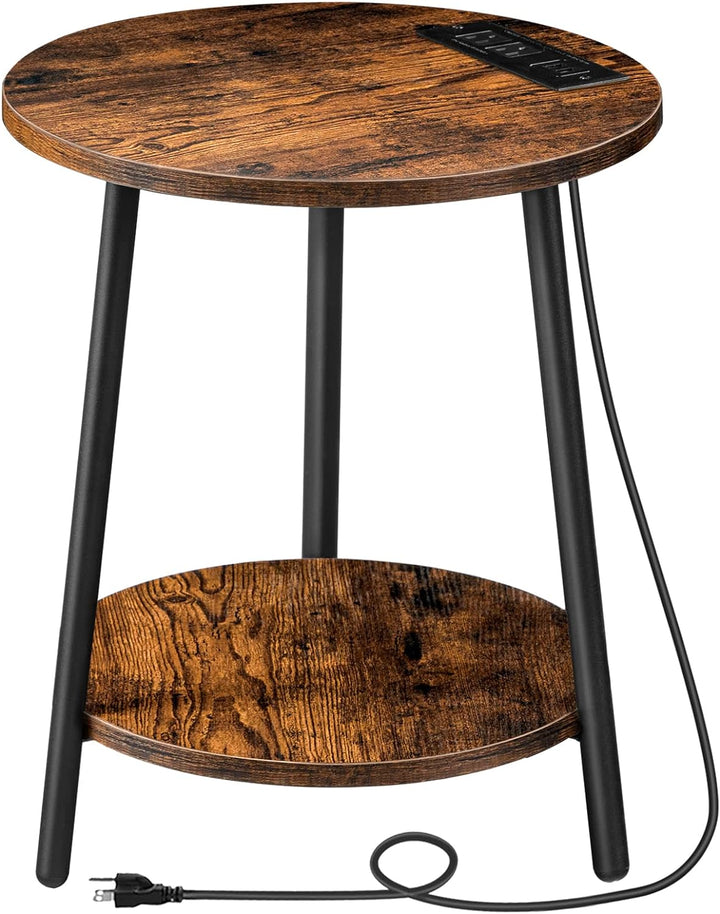 Round End Table w/ Charging Station, 2-Tier Rustic Brown