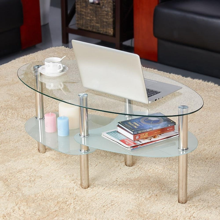 Oval Glass Top Coffee Tables, Tempered Glass & Chrome Legs (Clear)